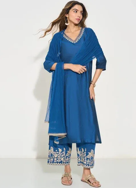 Rangmanch Medium Blue Embroidered Kurta Wide Leg Pants & Sheer Dupatta Set