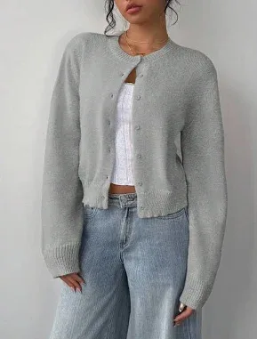 SHEIN Casual Solid Color Crew Neck Loose Cropped Long Sleeve Cardigan Sweater For Women Women Winter Coat,XS
