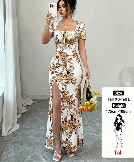 SHEIN Women's Slim Fit Puff Sleeve Floral Maxi Dress