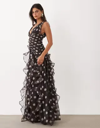 ASOS LUXE ruched maxi dress with waterfall detailing in chocolate polka dots