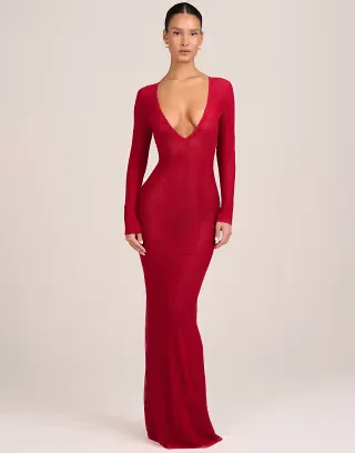 Oh Polly lace plunge neck maxi dress in red
