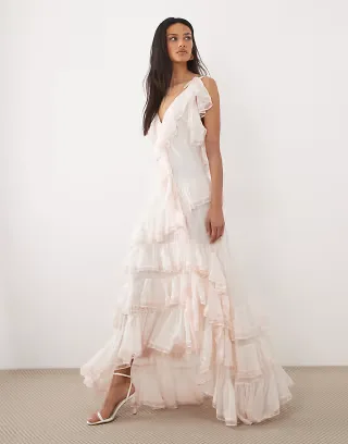 For Love & Lemons Juniper chiffon v-neck ruffle tiered maxi dress in pale pink