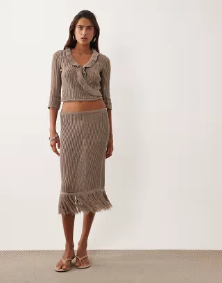 ASOS DESIGN crochet knit fringe ruffle top in mocha - part of a set