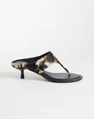 ASOS DESIGN Helix premium heeled flip flops in hair on real leather in cow print