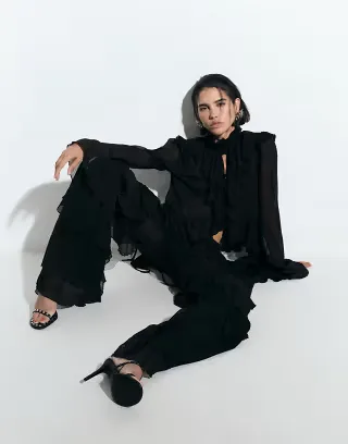 Noughts & Kisses chiffon extreme ruffle tie front draped sleeve blouse and pants set in black