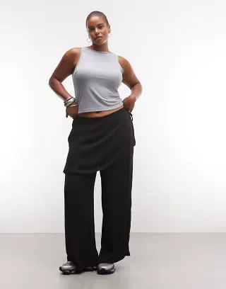 ASOS DESIGN Curve straight leg pants with skirt detail in linen look in black