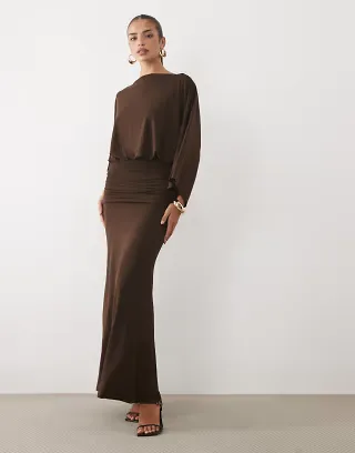 Pretty Lavish slinky slash neck batwing sleeve draped maxi dress in chocolate