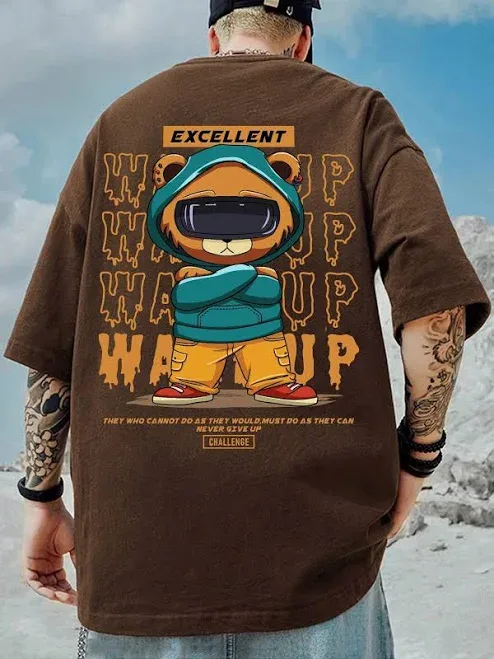 Manfinity Brown Cartoon Oversized T-Shirt Men's Graphic Tees Shirts Streetwear Slogan Loose Fit Drop Shoulder Round Neck