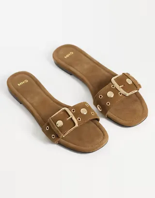 Mango 100% suede leather buckle detail flat slides in tan
