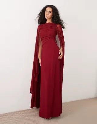 ASOS DESIGN maxi cape mesh dress with draped bodice detail in burgundy