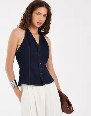PIECES halterneck button front denim top in dark blue
