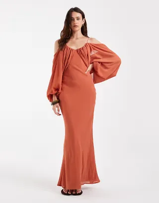 ASOS DESIGN draped maxi dress with draped blouson sleeve & tassel tie in rust