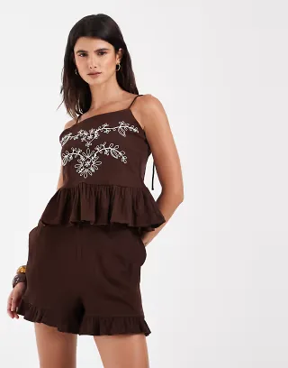 Object crinkle cotton frill hem shorts in chocolate - part of a set