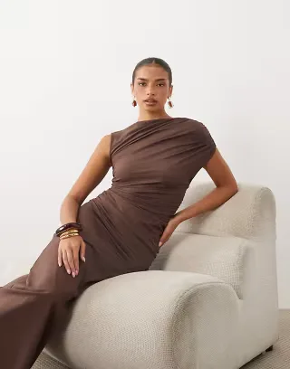 4th & Reckless double layered slinky drape waist detail high neck sleeveless maxi dress in chocolate