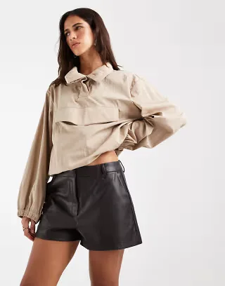 ASOS DESIGN Tailored faux leather micro shorts in brown