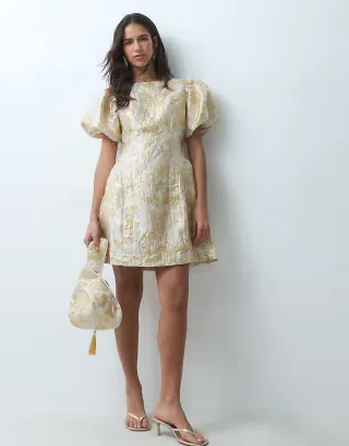 Sister Jane Exclusive jacquard puff sleeve mini dress & twisted detail bag set in soft gold