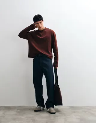 ASOS DESIGN boxy oversized long sleeve t-shirt with henley neck in rum raisin