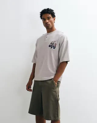 ASOS DESIGN boxy oversized henley T-shirt with LA embroidery in stone waffle fabric