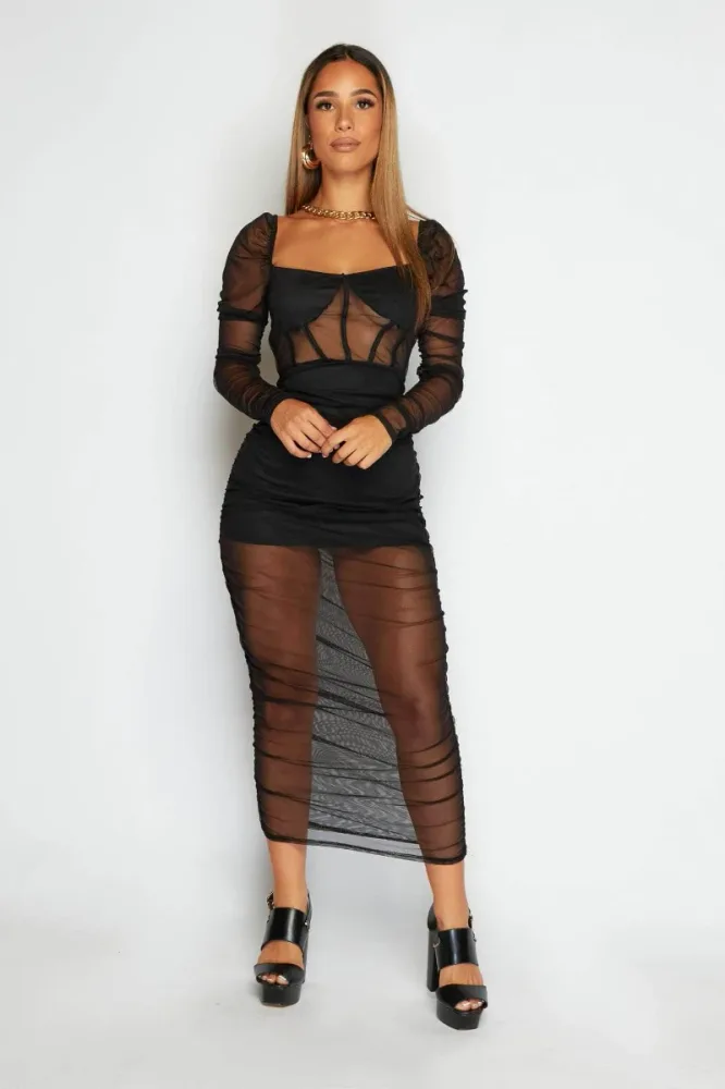 MESH CORSET RUCHED LONG SLEEVE MIDI DRESS
