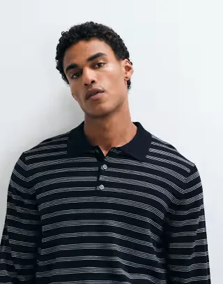 ARKET pure merino wool long sleeve polo in navy stripe