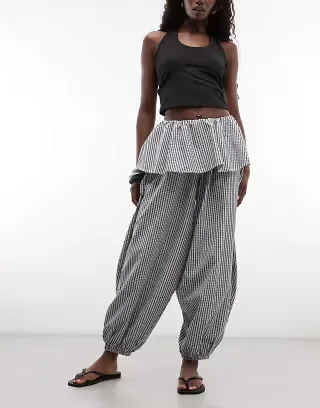 ASOS DESIGN balloon pants with skirt overlay detail in black & white plaid
