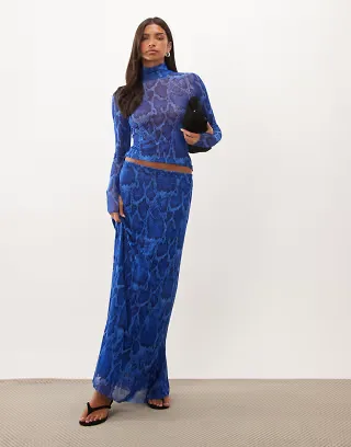 AFRM Zadie mesh turtleneck long sleeve top & maxi skirt set in cobalt snake