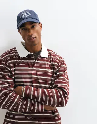 Colt long sleeve contrast collar striped rugby polo shirt in burgundy