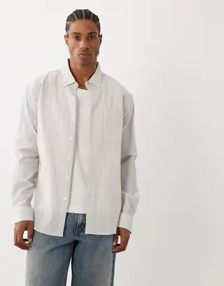 Farah Stanford long sleeve lightweight striped logo shirt in dark stone/white