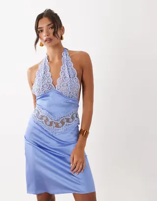 Lioness Solana satin sheer lace panel detail halterneck awkward length dress in baby blue