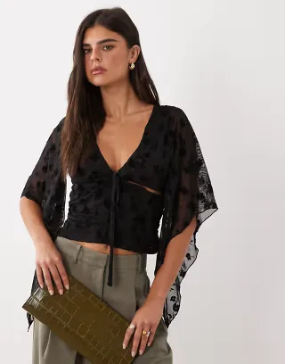 ASOS DESIGN flocked drape sleeve top in black