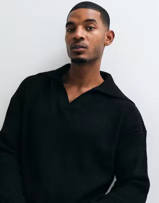 ASOS DESIGN oversized knitted extreme open collar polo sweater in black