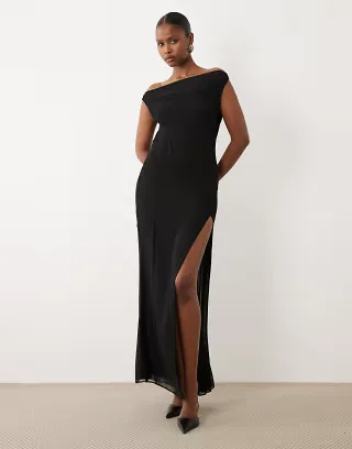 Oh Polly asymmetric one shoulder thigh high split maxi dress in black