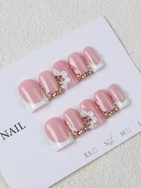 Pink White French Manicure Short Square Pointed Artificial Nails 3D Floral Rhinestone Chain Handmade Reusable Press On F
