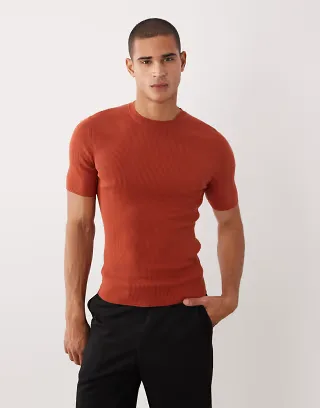 ASOS DESIGN Essential muscle fit fine rib knit crew neck in rust