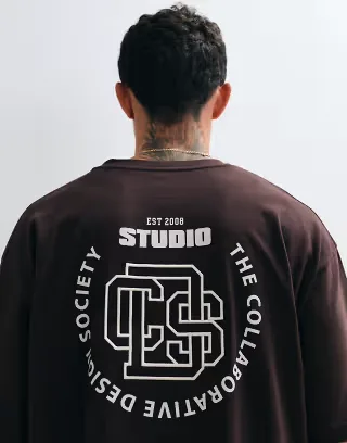 ASOS DESIGN boxy oversized T-shirt with text embroidery in brown