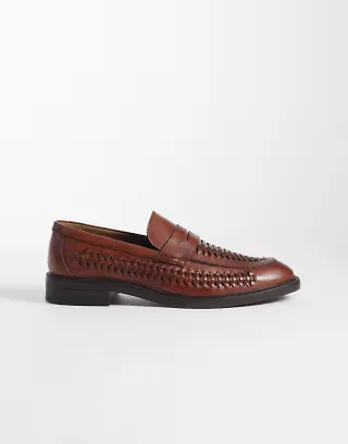 ASOS DESIGN woven penny loafers in tan leather