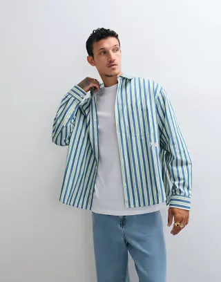 ASOS DESIGN oversized poplin striped shirt with chest embroidery in blue