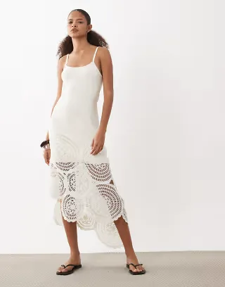 ASOS DESIGN compact knit contrast crochet midi dress in white