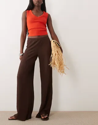 ASOS DESIGN textured wide leg pants in brown - part of a set