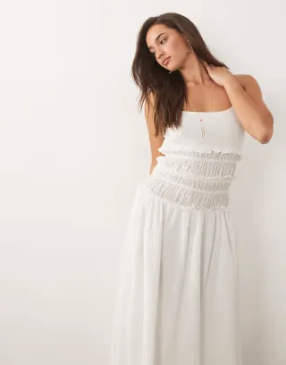 The Frolic exclusive textured cotton frill shirred bodice detail cami maxi dress in white