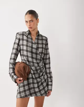 ASOS DESIGN shoulder pad wrap shirt mini dress with button detailing in blue plaid