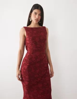 ASOS DESIGN raw seam cowl back devore maxi dress in wine