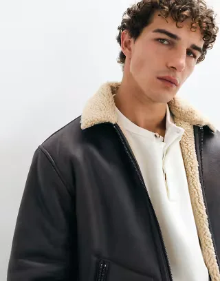 ONLY & SONS faux leather aviator jacket with teddy collar in chocolate