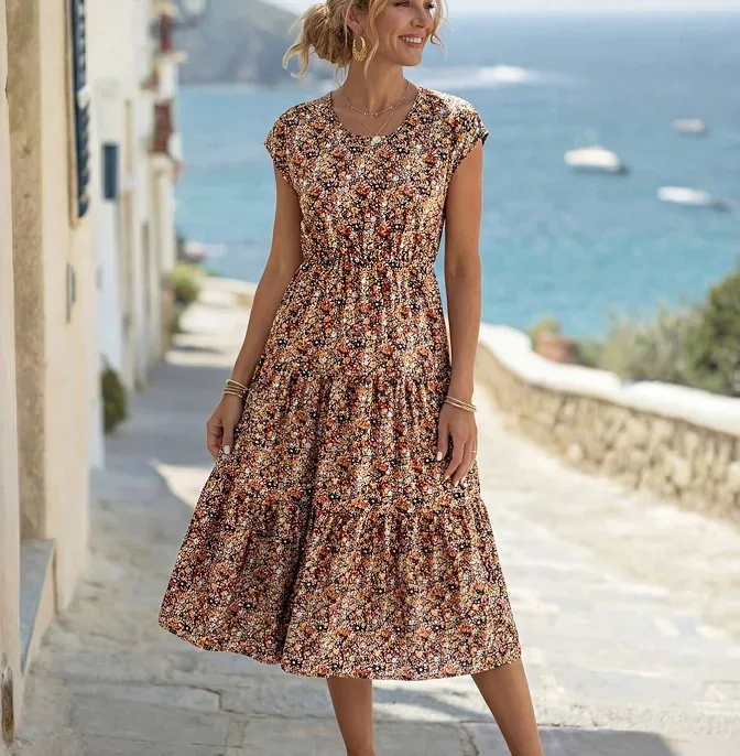 Faunlyn Women's Round Neck Batwing Sleeve Ditsy Floral Maxi Dress