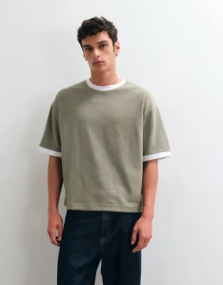 ASOS DESIGN boxy oversized ringer t-shirt in greige textured fabric