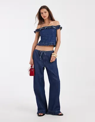 ASOS DESIGN frill off the shoulder denim set in mid blue