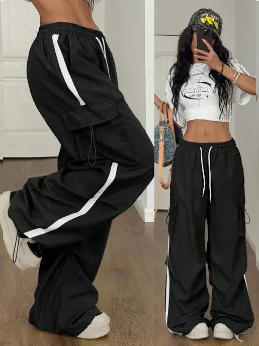 Shein |Summer Streetwear Sport Basic Flap Pocket Side Drawstring Waist Parachute Cargo Pants Women's