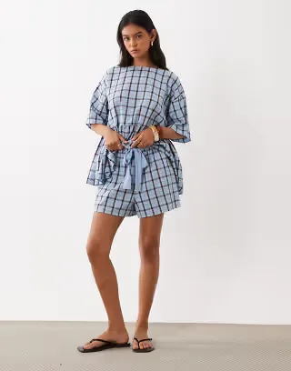 ASOS DESIGN tie waist pocket detail shorts in blue check