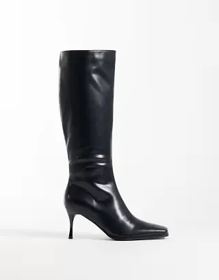 Glamorous Wide Fit square toe heeled knee boots in black PU