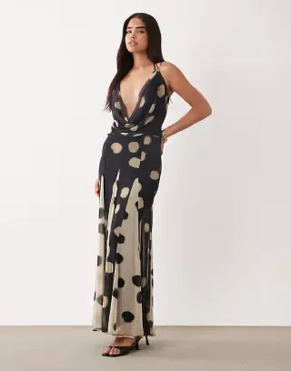 ASOS DESIGN spliced deep cowl spot printed maxi dress with contrast godets in black